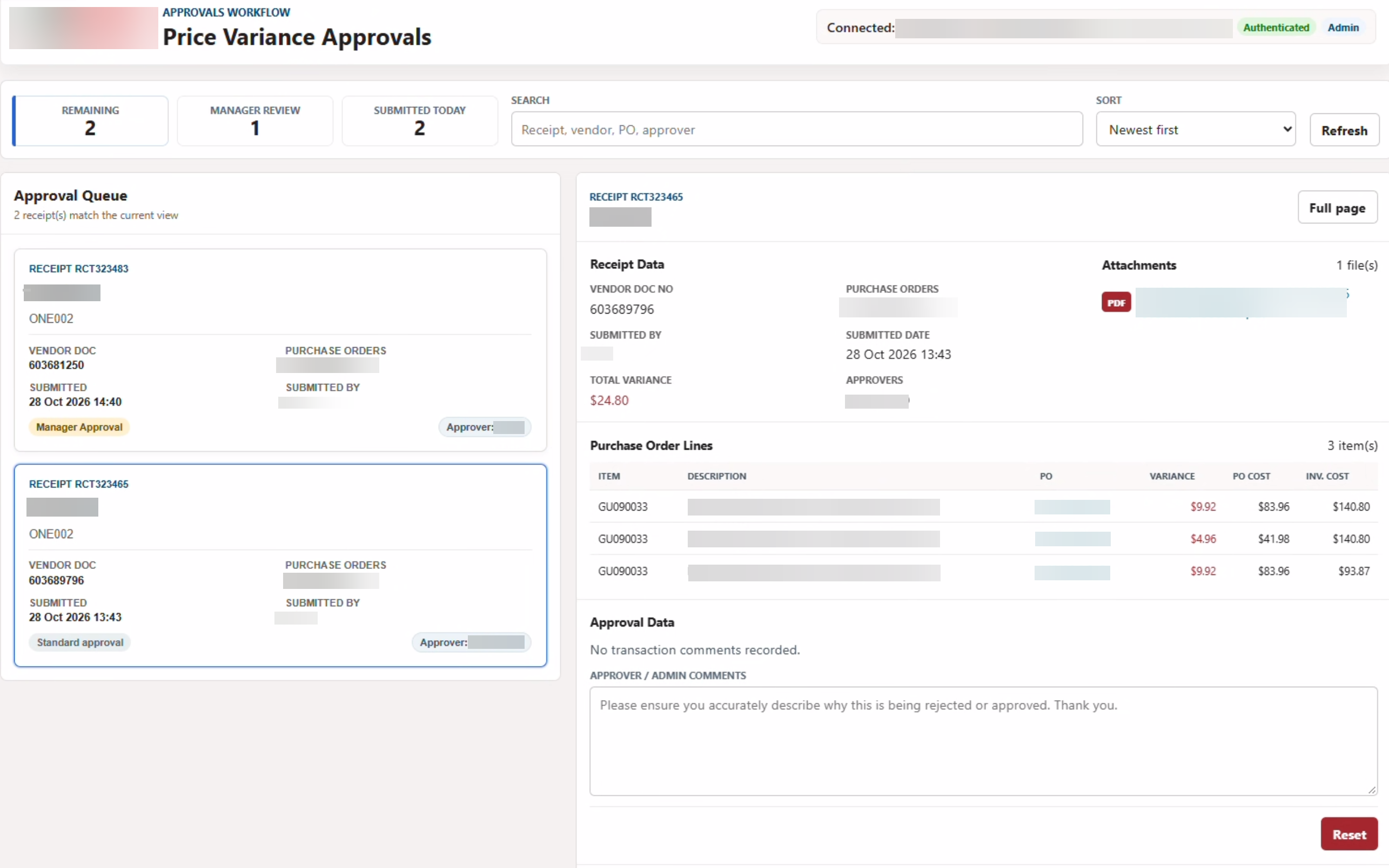 Approvals screen showing a queue of receipts and the PO lines with price variances